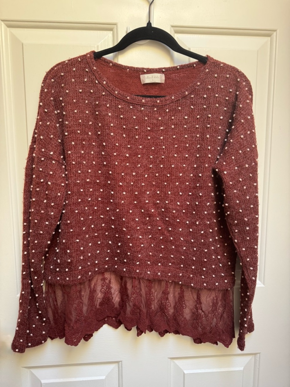 Altar'd State Lace Hem Polka Dot Embellished L/Sleeve Burgundy Red Sweater Large
